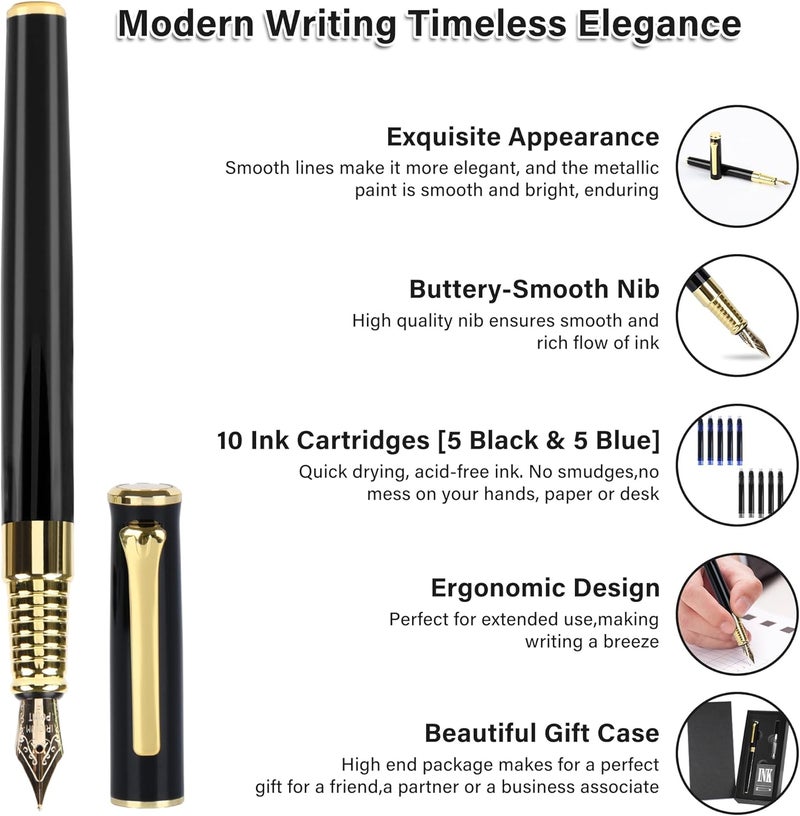 lucilynx Black Fountain Pen Set, Medium Nib, Includes 10 Ink Cartridges, 2 Ink Refill Converter and Premium Gift Box, Luxury Pen Perfect for Men and Women - Image 3